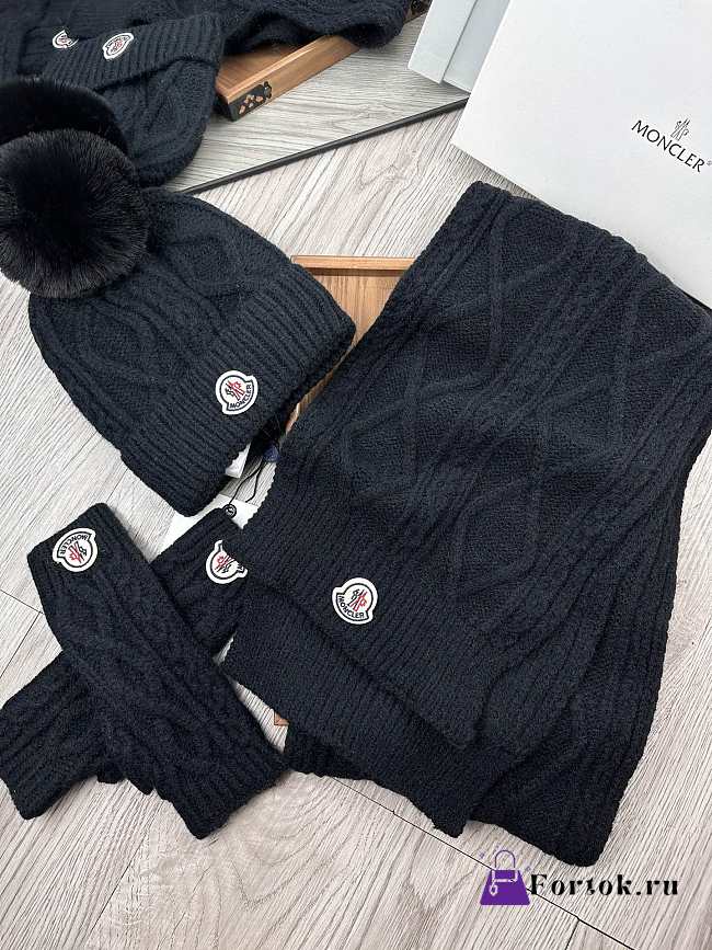 Fortok Moncler Scarf + Hat With Wool Ball + Gloves Set Black - 1