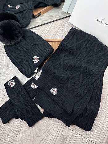Fortok Moncler Scarf + Hat With Wool Ball + Gloves Set Black