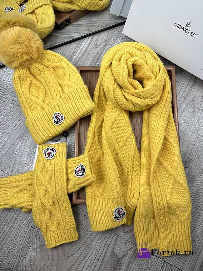 Fortok Moncler Scarf + Hat With Wool Ball + Gloves Set Yellow - 1