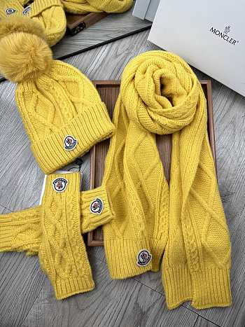 Fortok Moncler Scarf + Hat With Wool Ball + Gloves Set Yellow