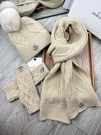 Fortok Moncler Scarf + Hat With Wool Ball + Gloves Set Beige