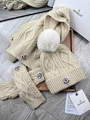 Fortok Moncler Scarf + Hat With Wool Ball + Gloves Set Beige - 2