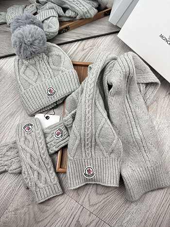 Fortok Moncler Scarf + Hat With Wool Ball + Gloves Set Grey