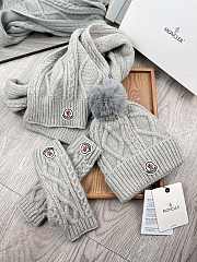 Fortok Moncler Scarf + Hat With Wool Ball + Gloves Set Grey - 5