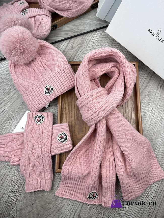 Fortok Moncler Scarf + Hat With Wool Ball + Gloves Set Pink - 1