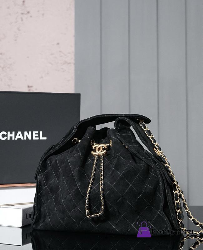 Fortok Chanel Drawstring Bag Black Suede 26x30x14cm - 1