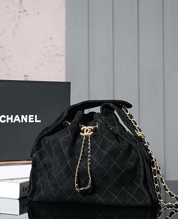 Fortok Chanel Drawstring Bag Black Suede 26x30x14cm