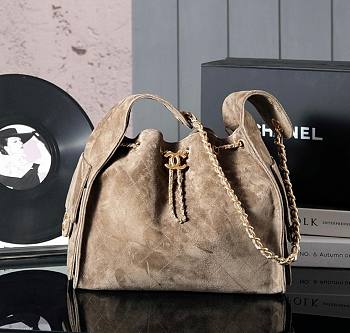Fortok Chanel Drawstring Bag Beige Suede 26x30x14cm