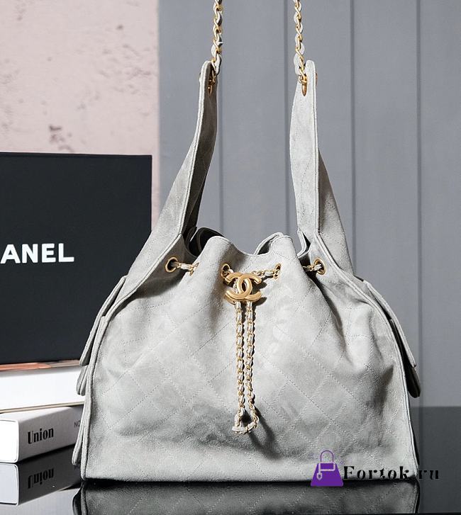 Fortok Chanel Drawstring Bag Grey Suede 26x30x14cm - 1