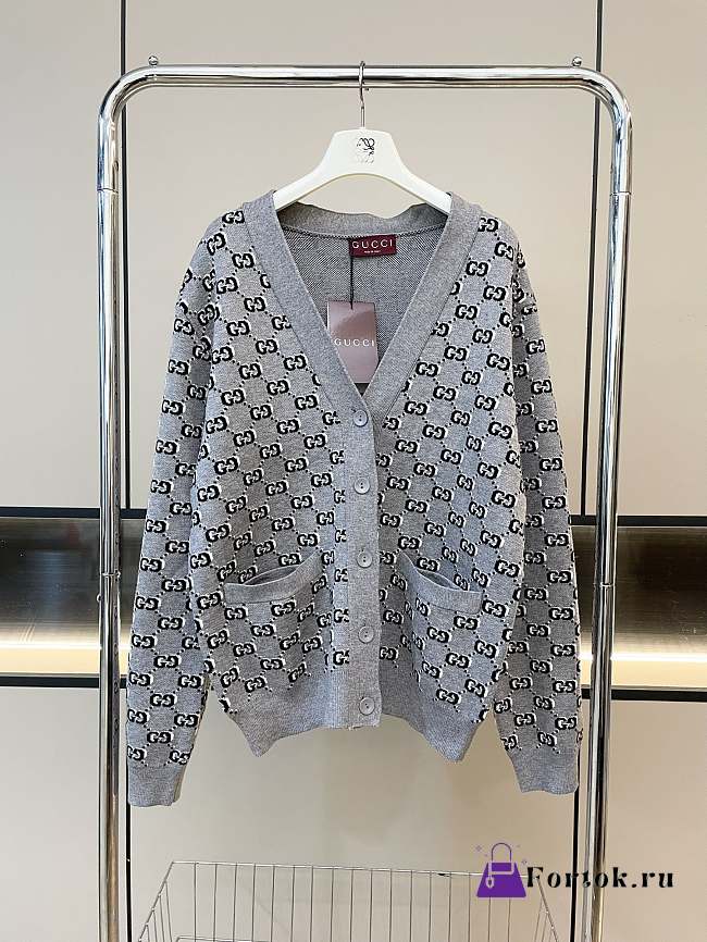 Fortok Gucci Old Flower Knitted Jacquard Cardigan Grey - 1