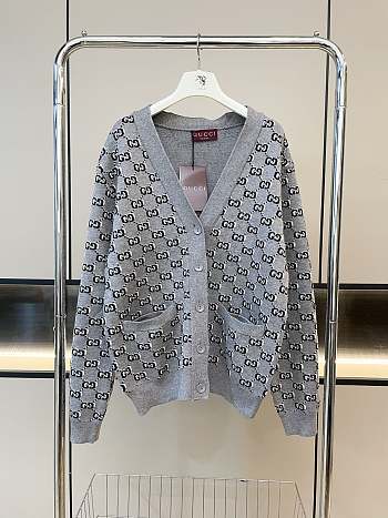 Fortok Gucci Old Flower Knitted Jacquard Cardigan Grey