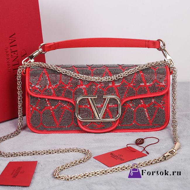 Fortok Valentino Vlogo Signature Bead-embellished Bag Red 22028L 27x13x6cm - 1