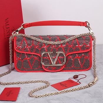 Fortok Valentino Vlogo Signature Bead-embellished Bag Red 22028L 27x13x6cm
