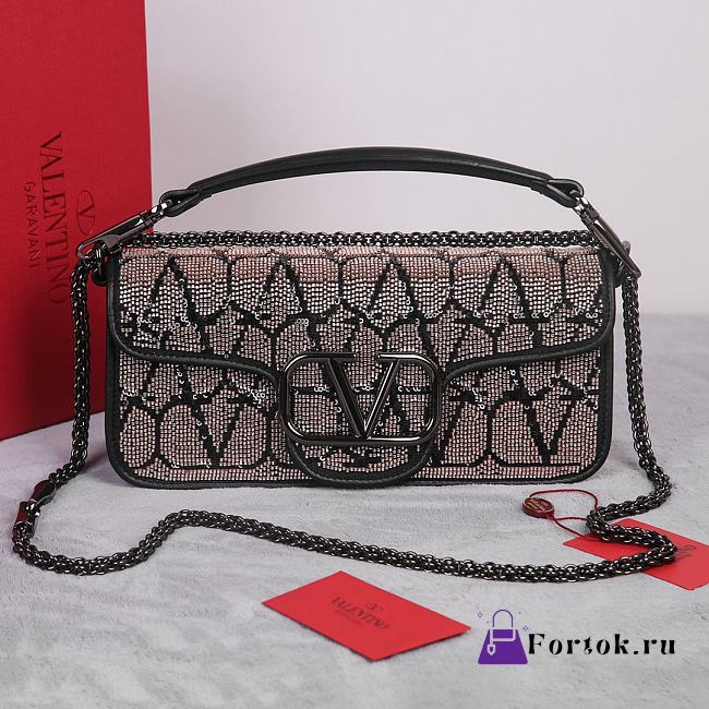 Fortok Valentino Vlogo Signature Bead-embellished Bag Brown 22028L 27x13x6cm - 1