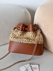 Fortok Valentino Garavani Rockstud Beige Raffia & Brown Leather Bucket Bag 20x17x8.5cm - 4