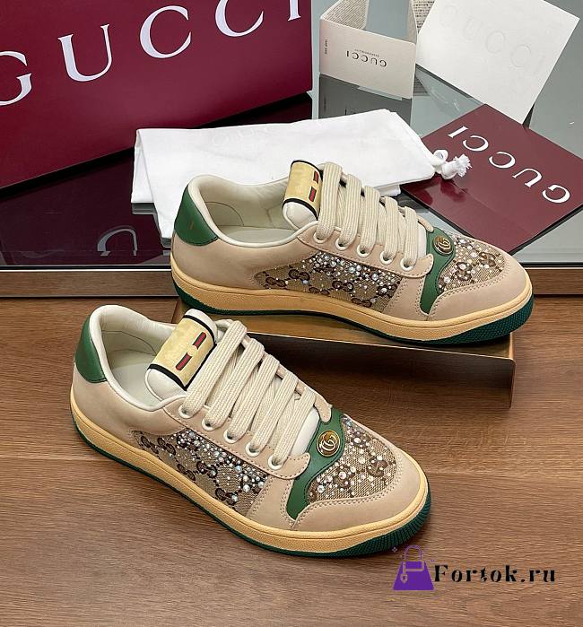 Fortok Gucci Screener Sneaker Ivory Leather Multi-dimensional Crystals - 1