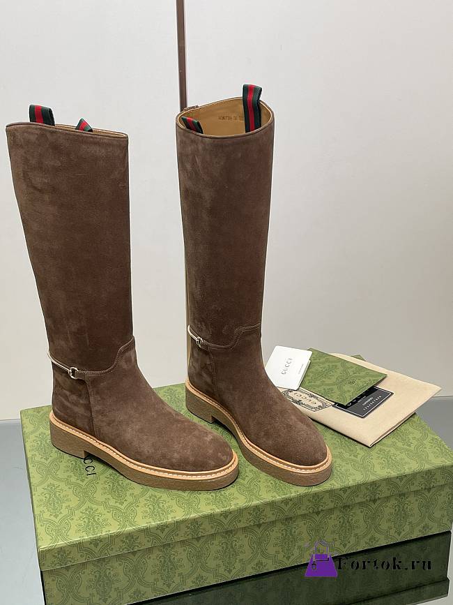 Fortok Gucci Slim Horsebit Boot Dark Brown Suede  - 1