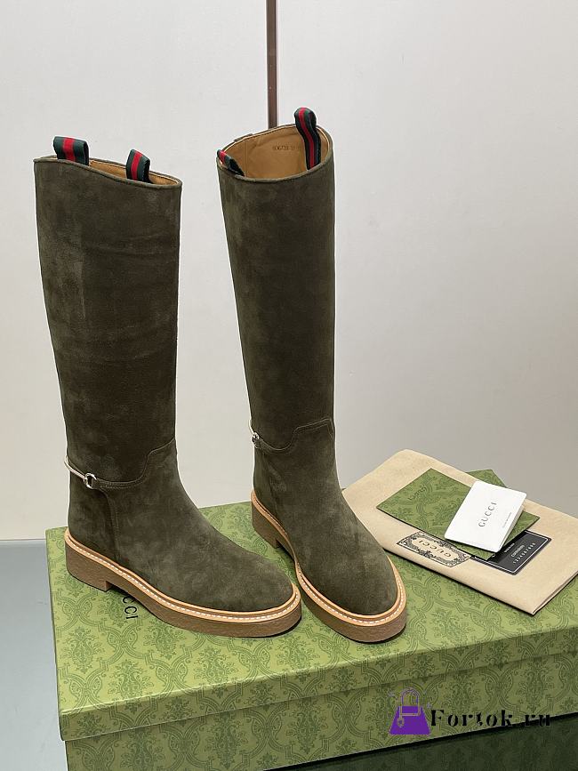 Fortok Gucci Slim Horsebit Boot Dark Green Suede - 1