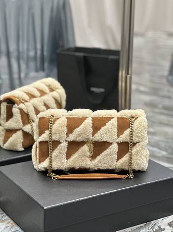 Fortok Saint Laurent Suede Shearling Patchwork Monogram Medium Jamie Brown Beige 515821 25x15x7.5cm