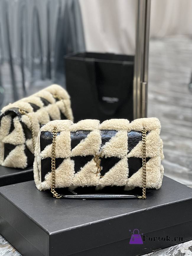 Fortok Saint Laurent Suede Shearling Patchwork Monogram Medium Jamie Black Beige 515821 25x15x7.5cm - 1