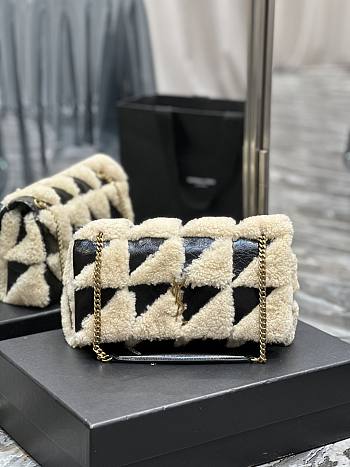 Fortok Saint Laurent Suede Shearling Patchwork Monogram Medium Jamie Black Beige 515821 25x15x7.5cm