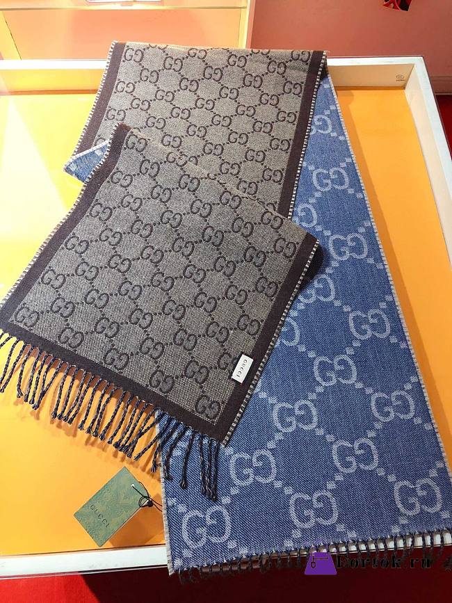 Fortok Gucci Double-sided GG Jacquard Scarf Blue & Grey 34x194cm - 1