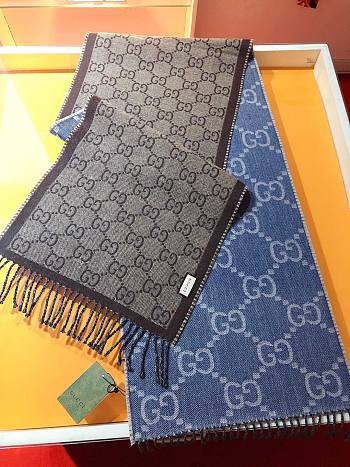 Fortok Gucci Double-sided GG Jacquard Scarf Blue & Grey 34x194cm
