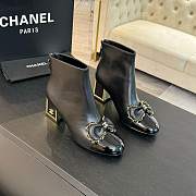 Fortok Chanel Chain Side Bow Thick-heel Ankle Boots Black - 1