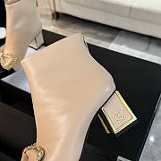 Fortok Chanel Chain Side Bow Thick-heel Ankle Boots Beige - 6