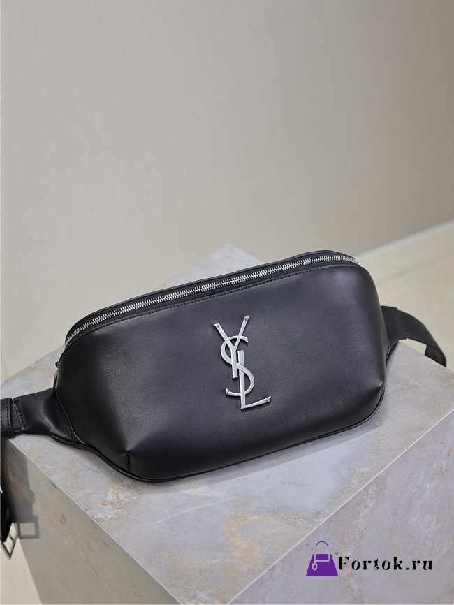Fortok Saint Laurent Black Leather Waist Bag Silver Buckle 569737 25×14×3.5cm  - 1