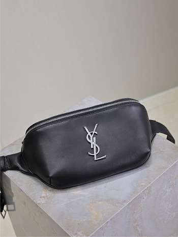 Fortok Saint Laurent Black Leather Waist Bag Silver Buckle 569737 25×14×3.5cm 