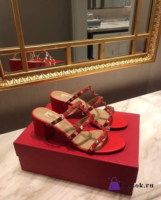Fortok Valentino Rockstud Calfskin Leather Slide Sandal 60 mm Red - 1
