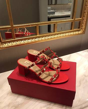 Fortok Valentino Rockstud Calfskin Leather Slide Sandal 60 mm Red