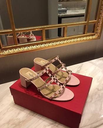 Fortok Valentino Rockstud Calfskin Leather Slide Sandal 60 mm Pink 