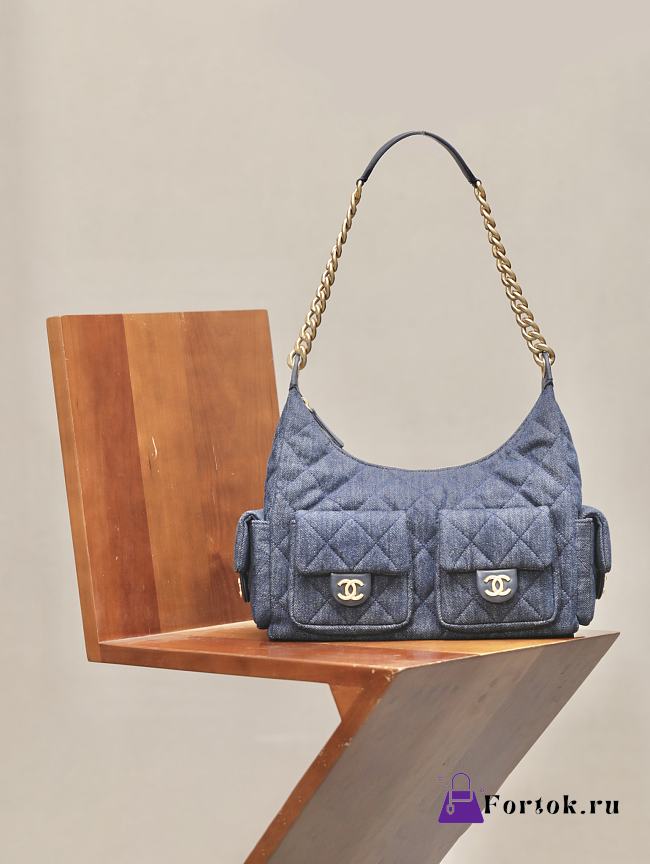 Fortok Chanel Jennie Hobo Bag Dark Blue Denim 27x35x18cm - 1