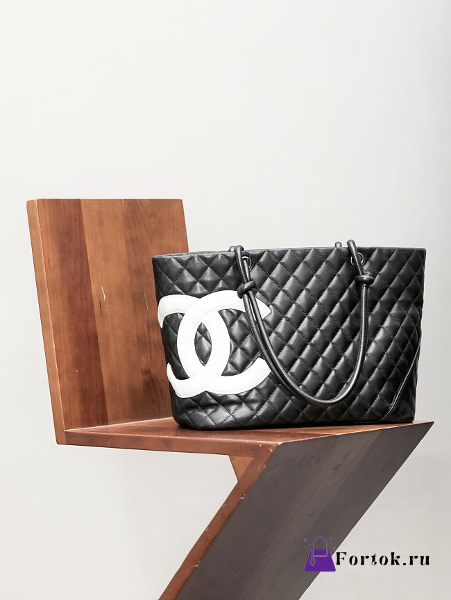 Fortok Chanel Cambon Line Quilted Tote Shoulder Bag Black White Logo 30x25cm - 1