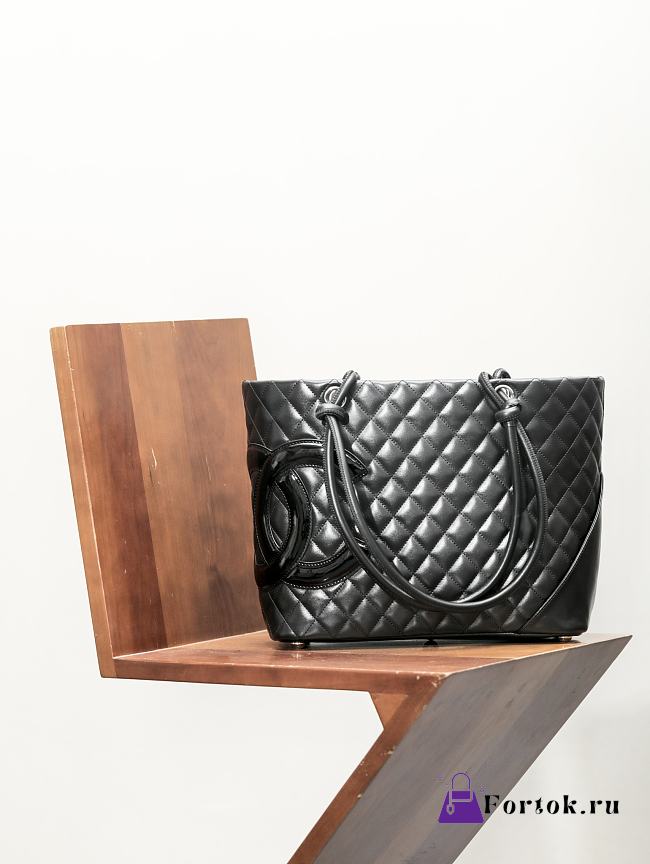 Fortok Chanel Cambon Line Quilted Tote Shoulder Bag Full Black 30x25cm - 1
