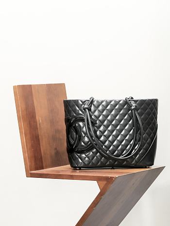 Fortok Chanel Cambon Line Quilted Tote Shoulder Bag Full Black 30x25cm