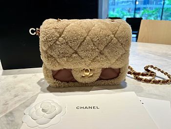 Fortok Chanel Mini Flap Bag Shearling Lambskin & Gold-Tone Metal Beige & Brown 12x18x6cm