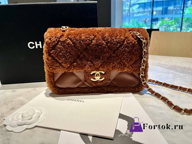 Fortok Chanel Mini Flap Bag Shearling Lambskin & Gold-Tone Metal Brown 16x23.5x7.5cm - 1