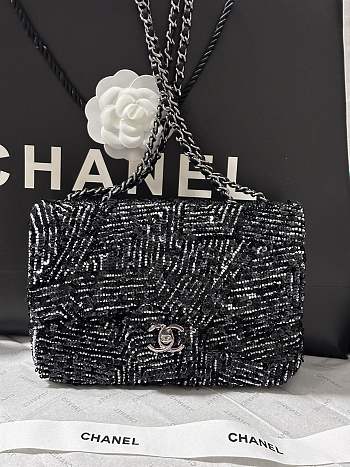 Fortok Chanel  24k White Tube Beads Sequins Flap Bag 20cm