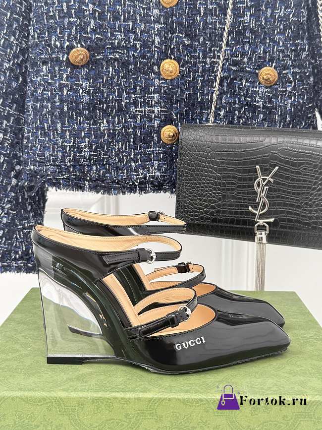 Fortok Gucci Transparent Wedge Heel Half Slippers Black  - 1