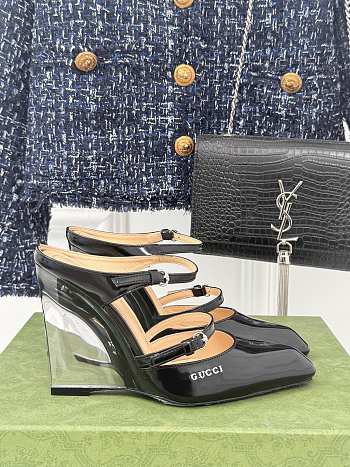 Fortok Gucci Transparent Wedge Heel Half Slippers Black 