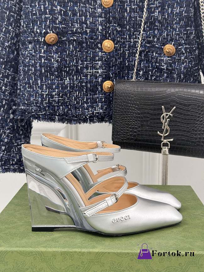 Fortok Gucci Transparent Wedge Heel Half Slippers Silver - 1