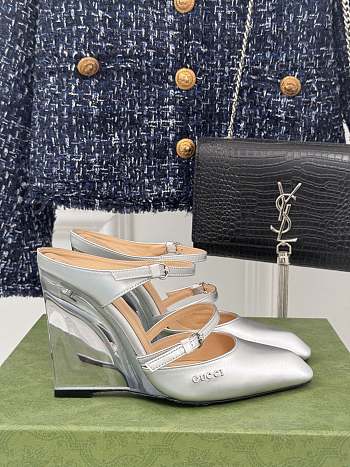 Fortok Gucci Transparent Wedge Heel Half Slippers Silver