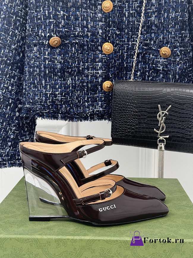 Fortok Gucci Transparent Wedge Heel Half Slippers Dark Brown - 1