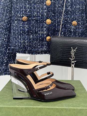 Fortok Gucci Transparent Wedge Heel Half Slippers Dark Brown