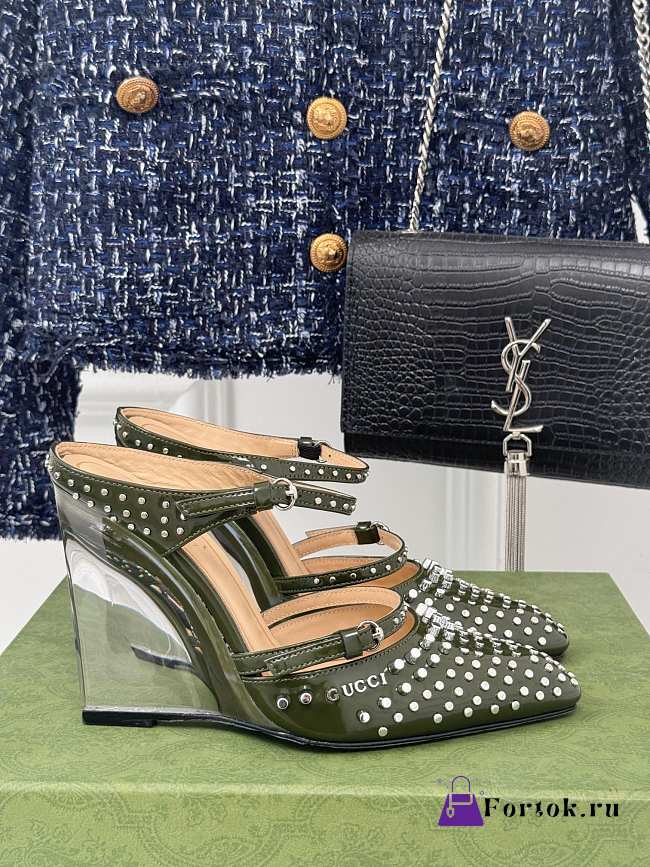 Fortok Gucci Rivet Transparent Wedge Heel Half Slippers Green - 1