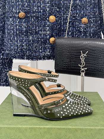 Fortok Gucci Rivet Transparent Wedge Heel Half Slippers Green