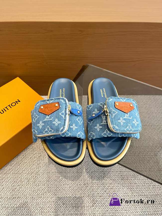 Fortok Louis Vuitton Pool Pillow Comfort Flat Sandals Blue Denim - 1